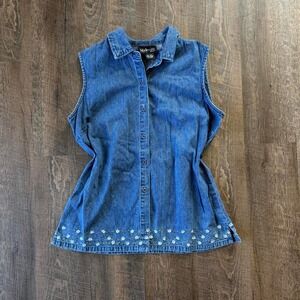 Vintage Cottagecore Embroidered Denim Top | Dainty Floral Button Up | Size 14